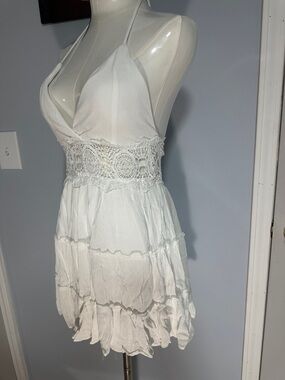 White Crochet Waist Tiered Mini Dress